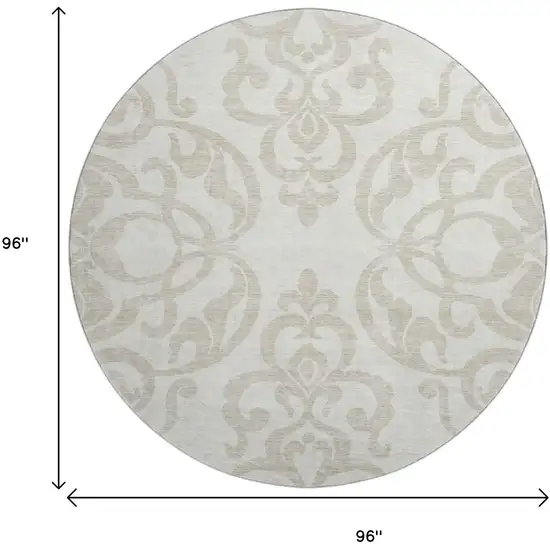 8' Ivory And Beige Damask Washable Round Rug With UV Protection Photo 9