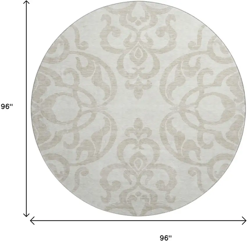 8' Ivory And Beige Damask Washable Round Rug With UV Protection Photo 9