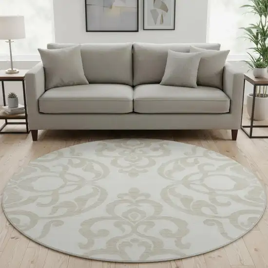 8' Ivory And Beige Damask Washable Round Rug With UV Protection Photo 2