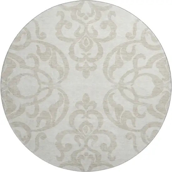 8' Ivory And Beige Damask Washable Round Rug With UV Protection Photo 1