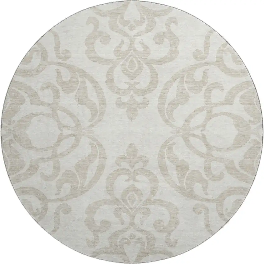 8' Ivory And Beige Damask Washable Round Rug With UV Protection Photo 1