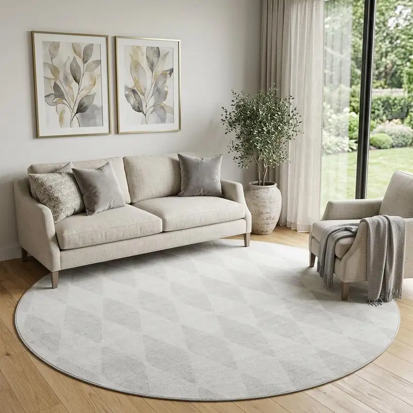 8' Ivory And Beige Diamond Washable Round Rug With UV Protection Photo 1