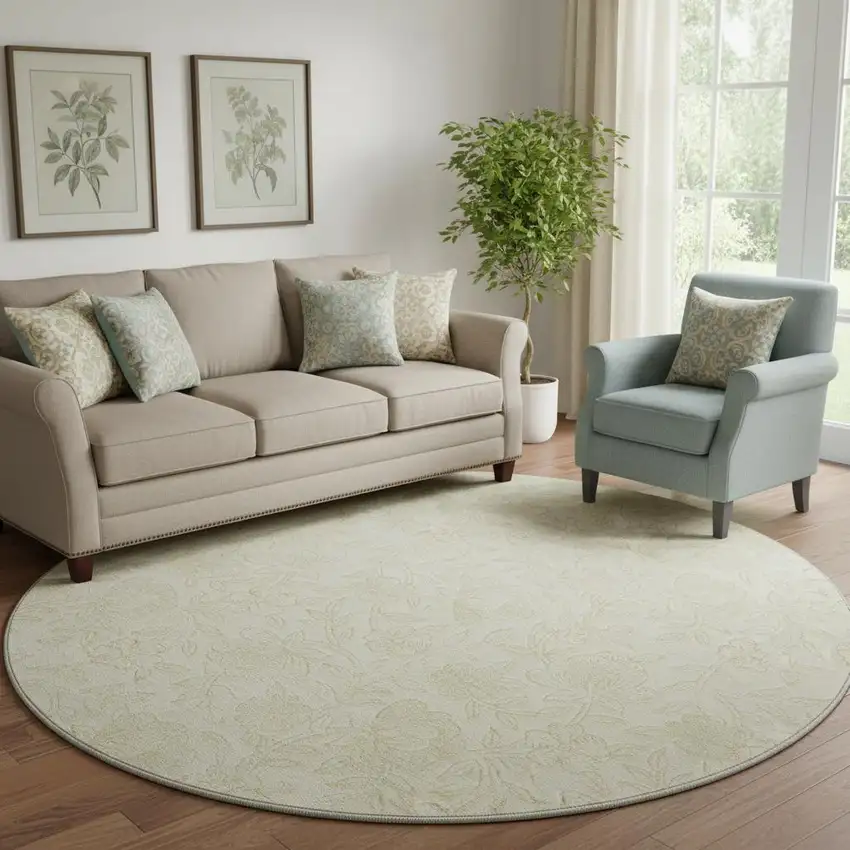 8' Ivory And Beige Floral Washable Round Rug With UV Protection Photo 1