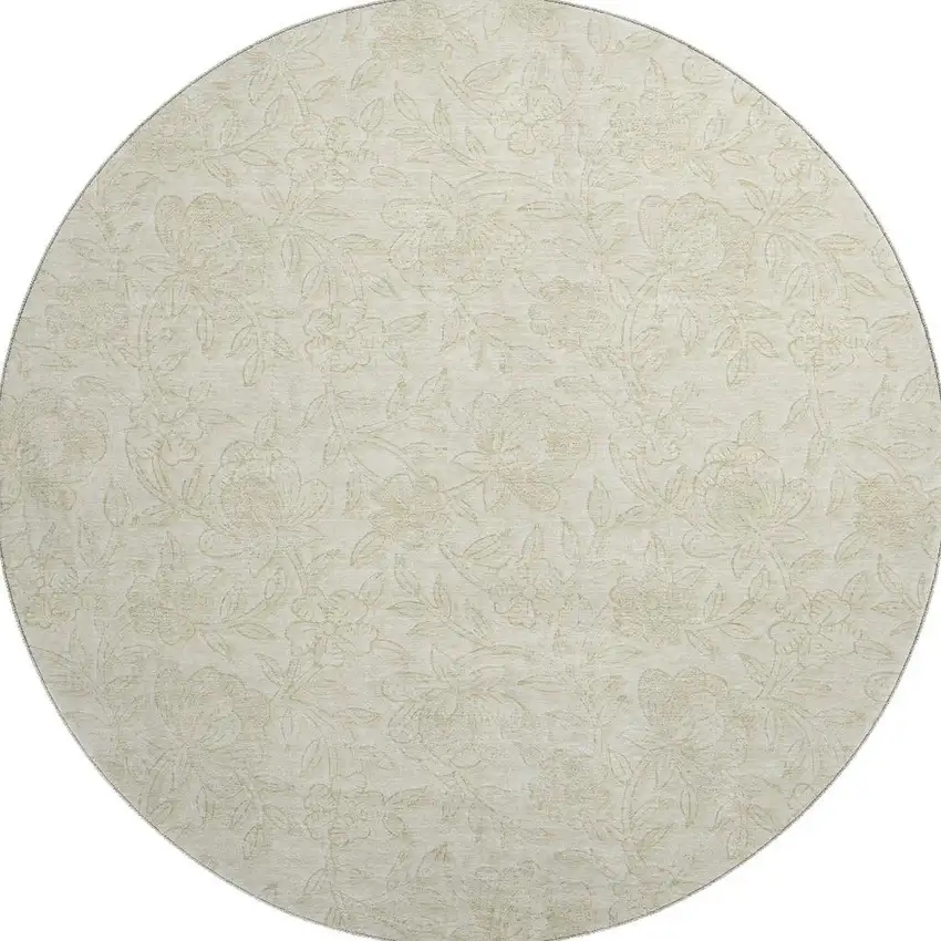 8' Ivory And Beige Floral Washable Round Rug With UV Protection Photo 4