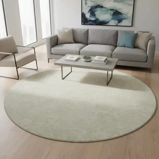 8' Ivory And Beige Floral Washable Round Rug With UV Protection Photo 2