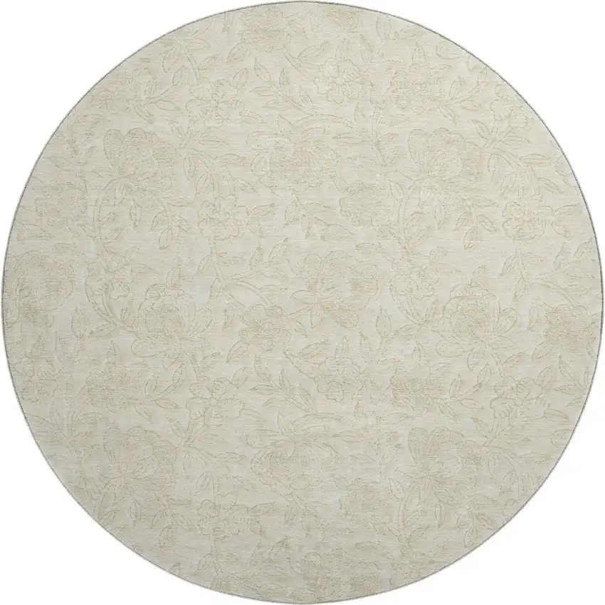 8' Ivory And Beige Floral Washable Round Rug With UV Protection Photo 1