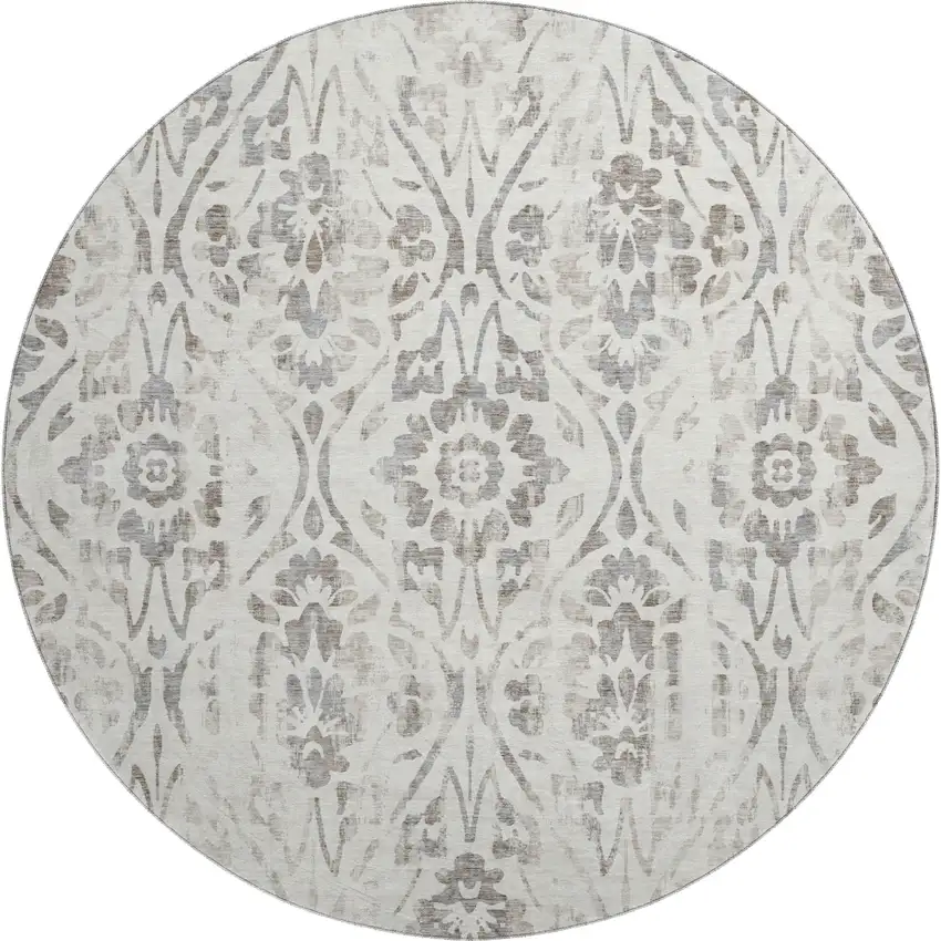 8' Ivory And Beige Floral Washable Round Rug With UV Protection Photo 1