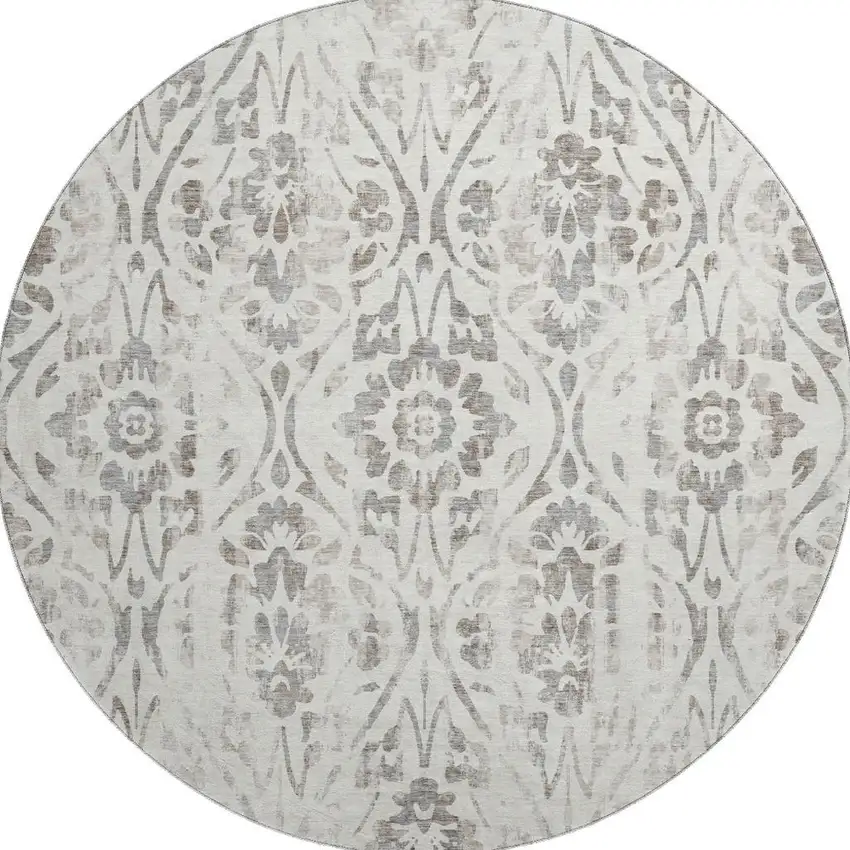 8' Ivory And Beige Floral Washable Round Rug With UV Protection Photo 4
