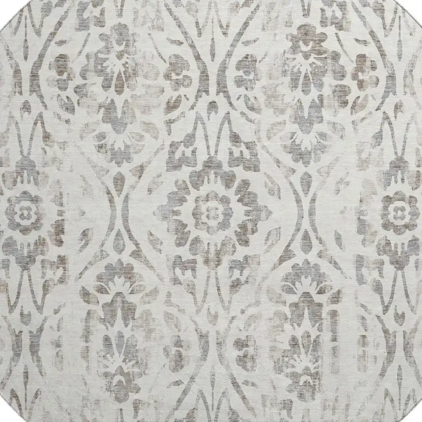 8' Ivory And Beige Floral Washable Round Rug With UV Protection Photo 3