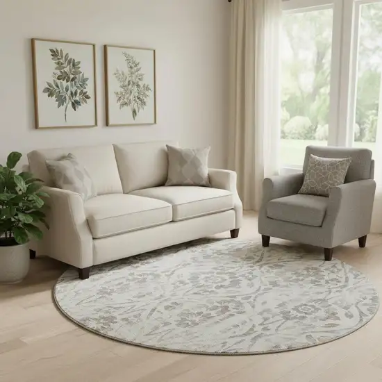 8' Ivory And Beige Floral Washable Round Rug With UV Protection Photo 1