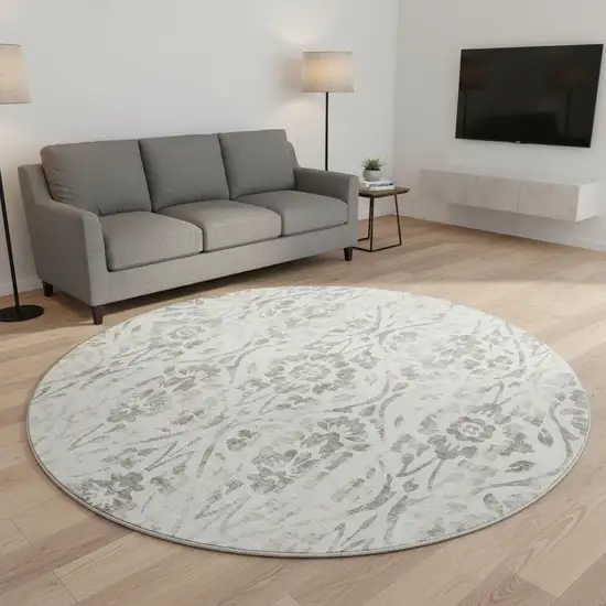 8' Ivory And Beige Floral Washable Round Rug With UV Protection Photo 2