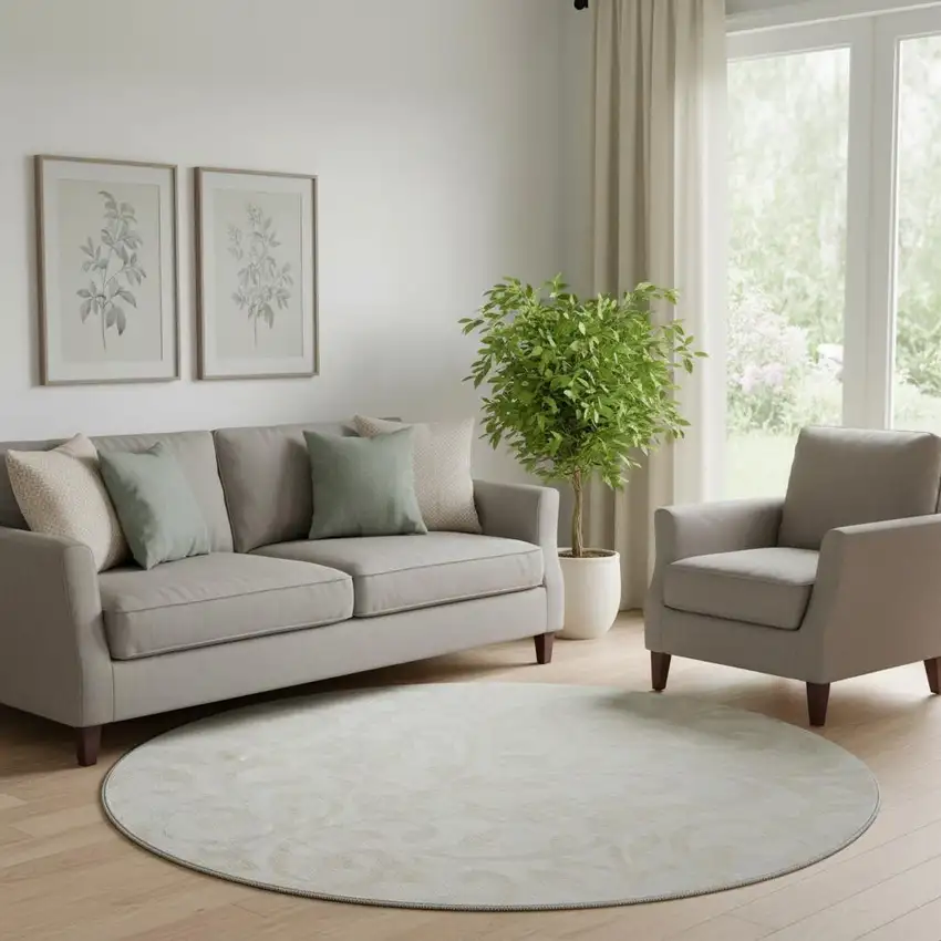 8' Ivory And Beige Floral Washable Round Rug With UV Protection Photo 1