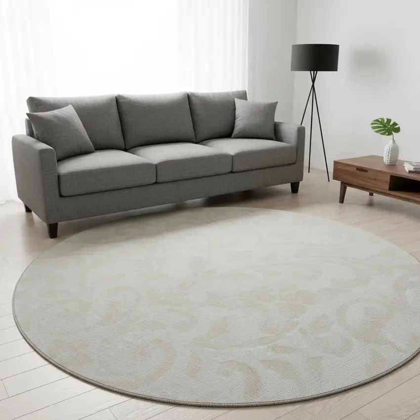 8' Ivory And Beige Floral Washable Round Rug With UV Protection Photo 2