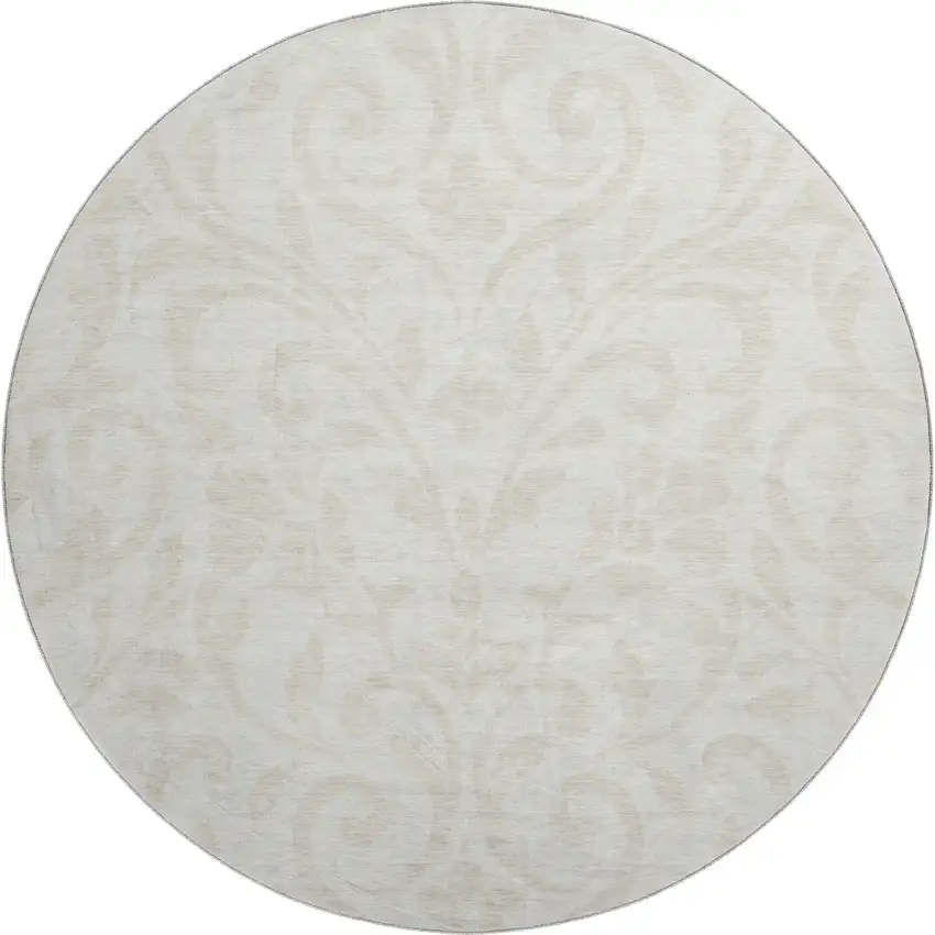 8' Ivory And Beige Floral Washable Round Rug With UV Protection Photo 1