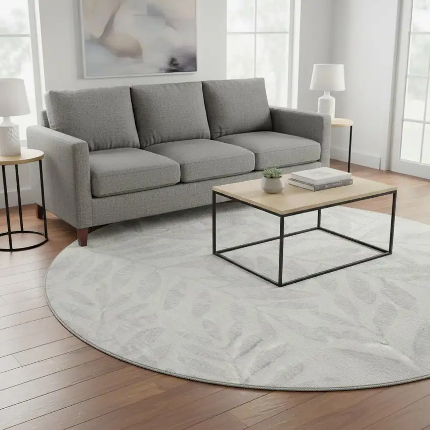 8' Ivory And Beige Floral Washable Round Rug With UV Protection Photo 2