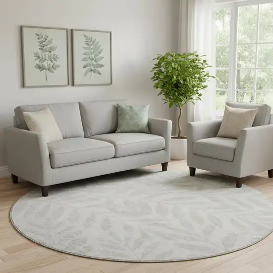 8' Ivory And Beige Floral Washable Round Rug With UV Protection Photo 1