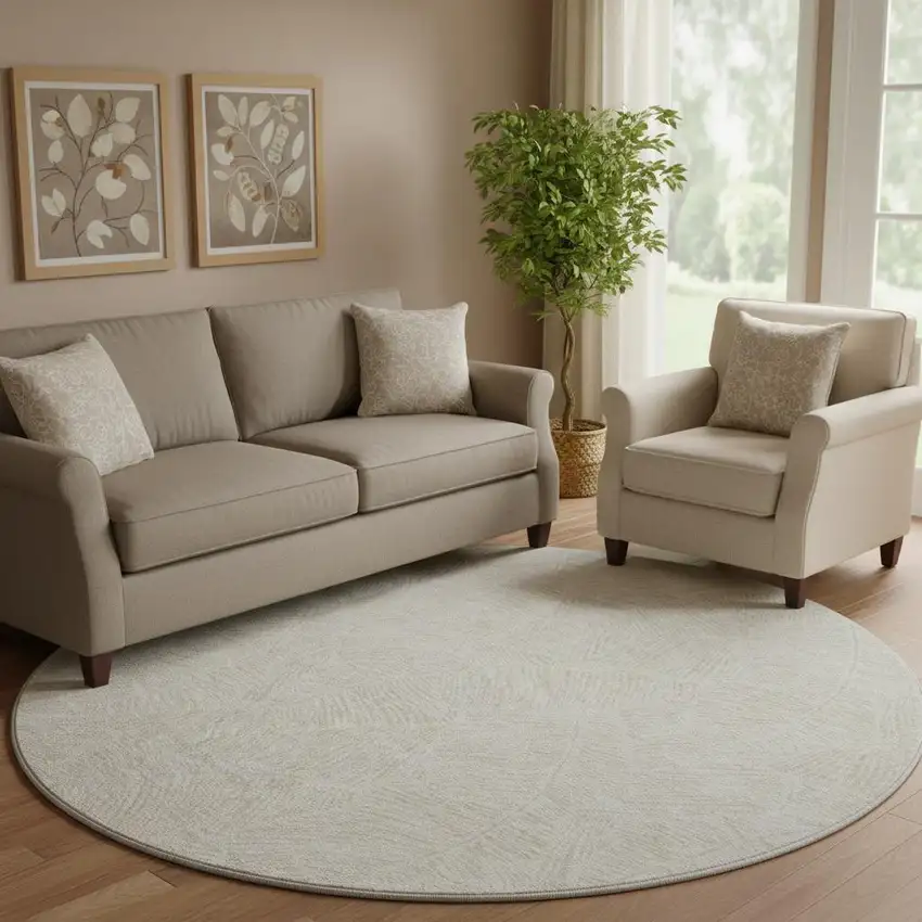 8' Ivory And Beige Floral Washable Round Rug With UV Protection Photo 1