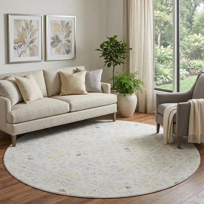 8' Ivory And Beige Floral Washable Round Rug With UV Protection Photo 1
