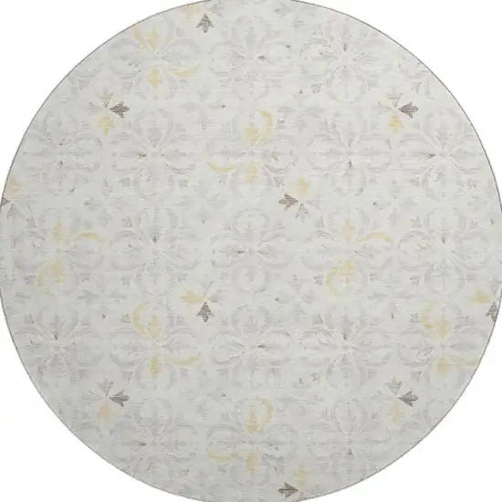 8' Ivory And Beige Floral Washable Round Rug With UV Protection Photo 2