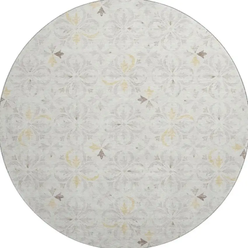 8' Ivory And Beige Floral Washable Round Rug With UV Protection Photo 2
