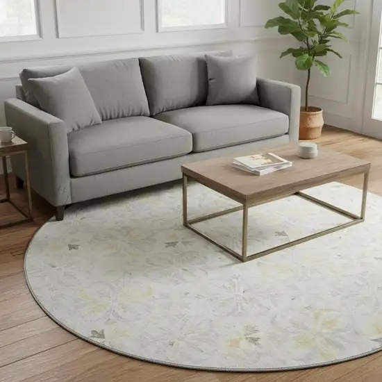 8' Ivory And Beige Floral Washable Round Rug With UV Protection Photo 2