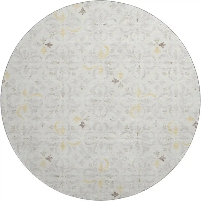 8' Ivory And Beige Floral Washable Round Rug With UV Protection Photo 1