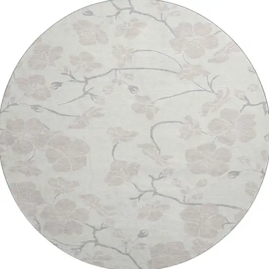 8' Ivory And Beige Floral Washable Round Rug With UV Protection Photo 3