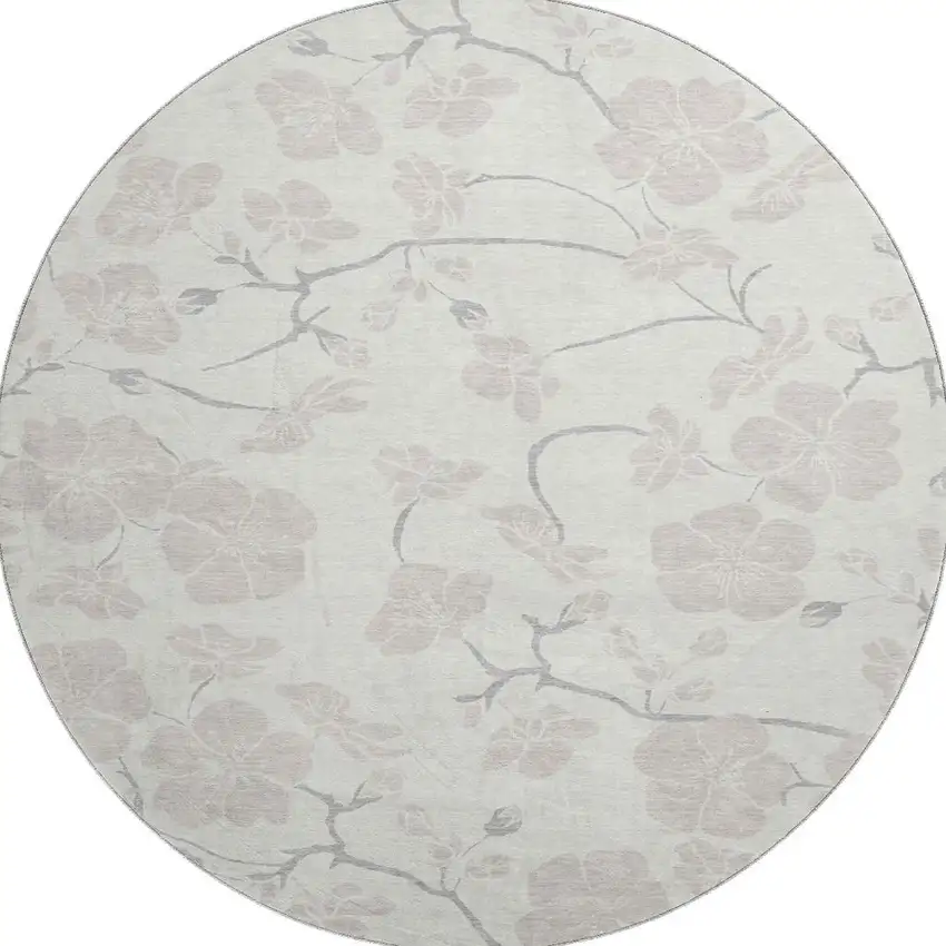 8' Ivory And Beige Floral Washable Round Rug With UV Protection Photo 3