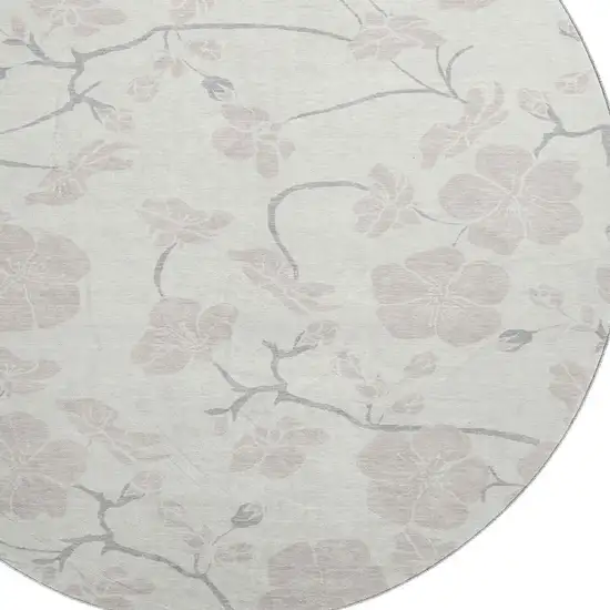 8' Ivory And Beige Floral Washable Round Rug With UV Protection Photo 2