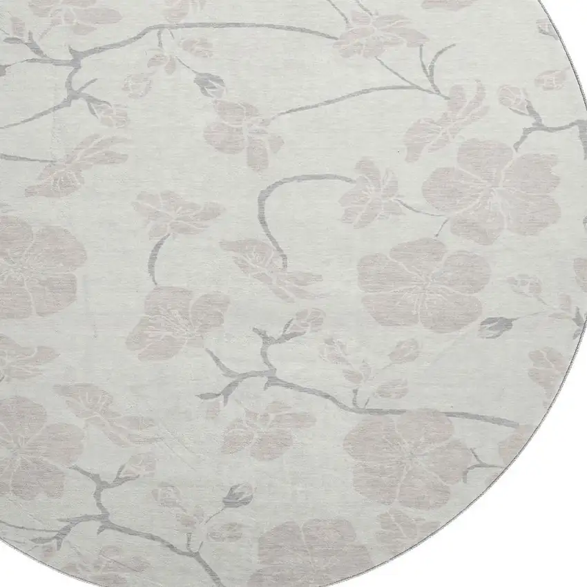 8' Ivory And Beige Floral Washable Round Rug With UV Protection Photo 2