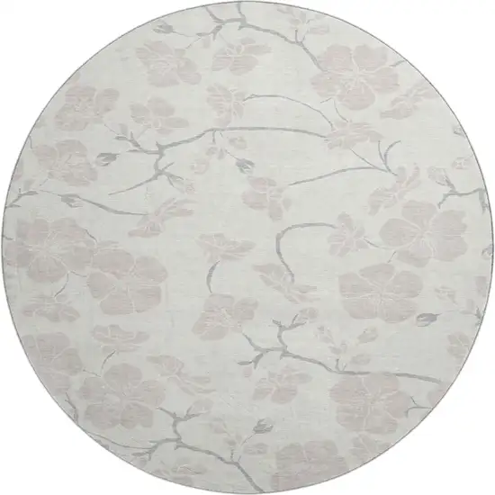 8' Ivory And Beige Floral Washable Round Rug With UV Protection Photo 1