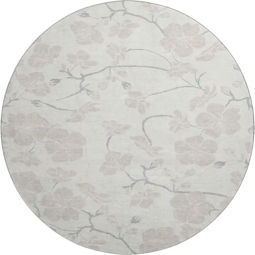 8' Ivory And Beige Floral Washable Round Rug With UV Protection Photo 1