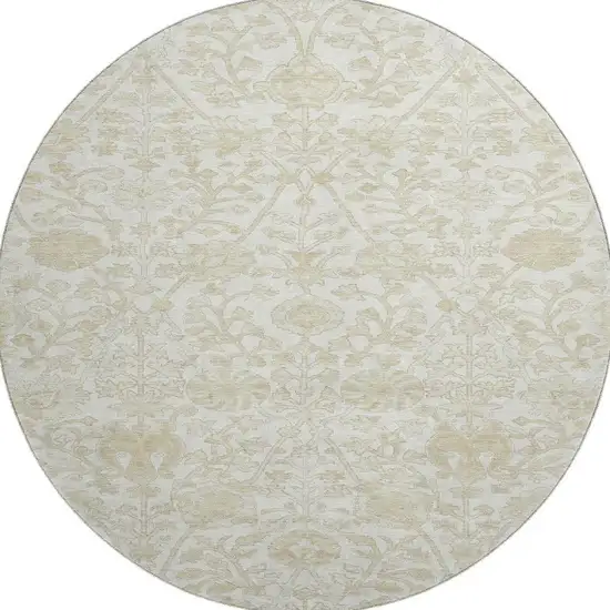 8' Ivory And Beige Floral Washable Round Rug With UV Protection Photo 4