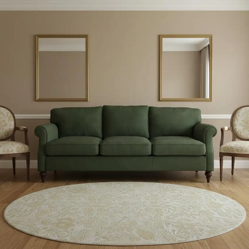 8' Ivory And Beige Floral Washable Round Rug With UV Protection Photo 2