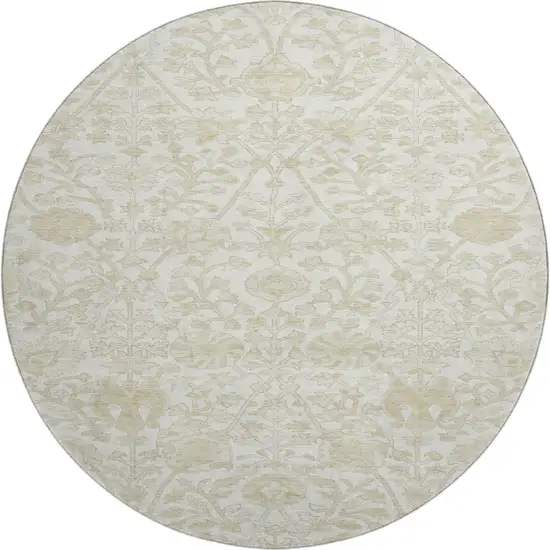 8' Ivory And Beige Floral Washable Round Rug With UV Protection Photo 1