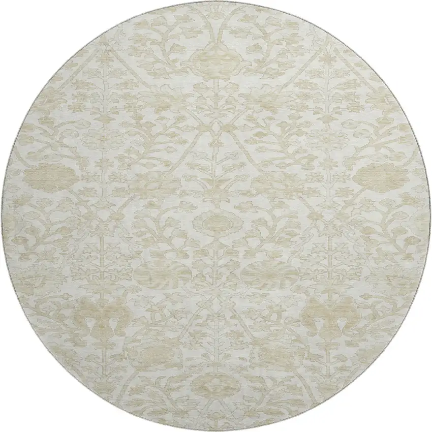8' Ivory And Beige Floral Washable Round Rug With UV Protection Photo 1