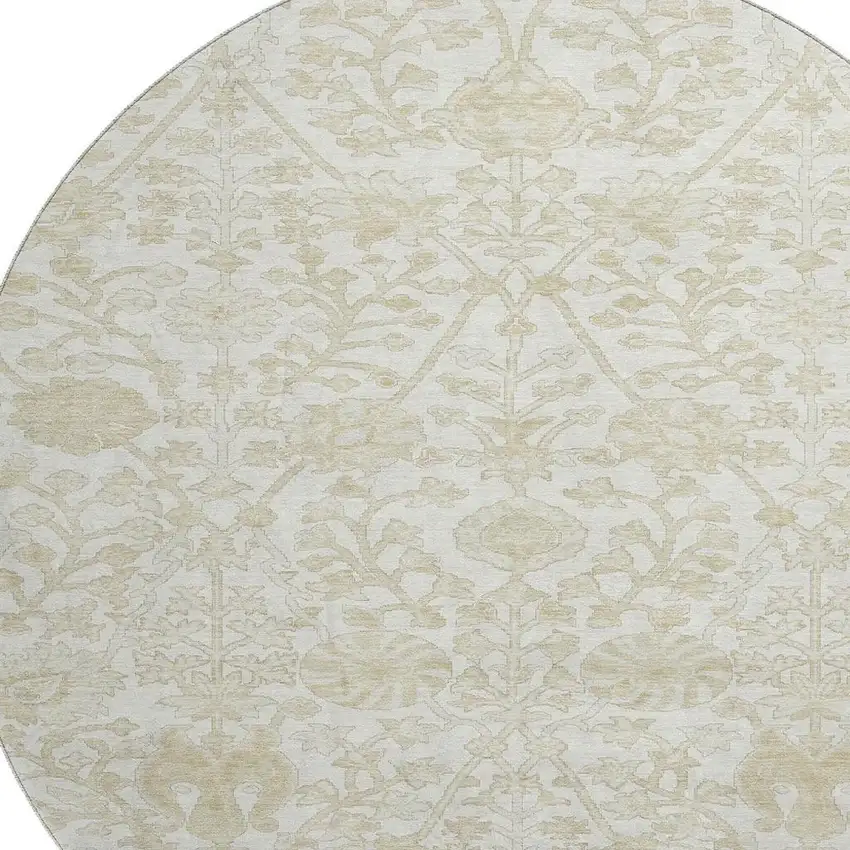 8' Ivory And Beige Floral Washable Round Rug With UV Protection Photo 3