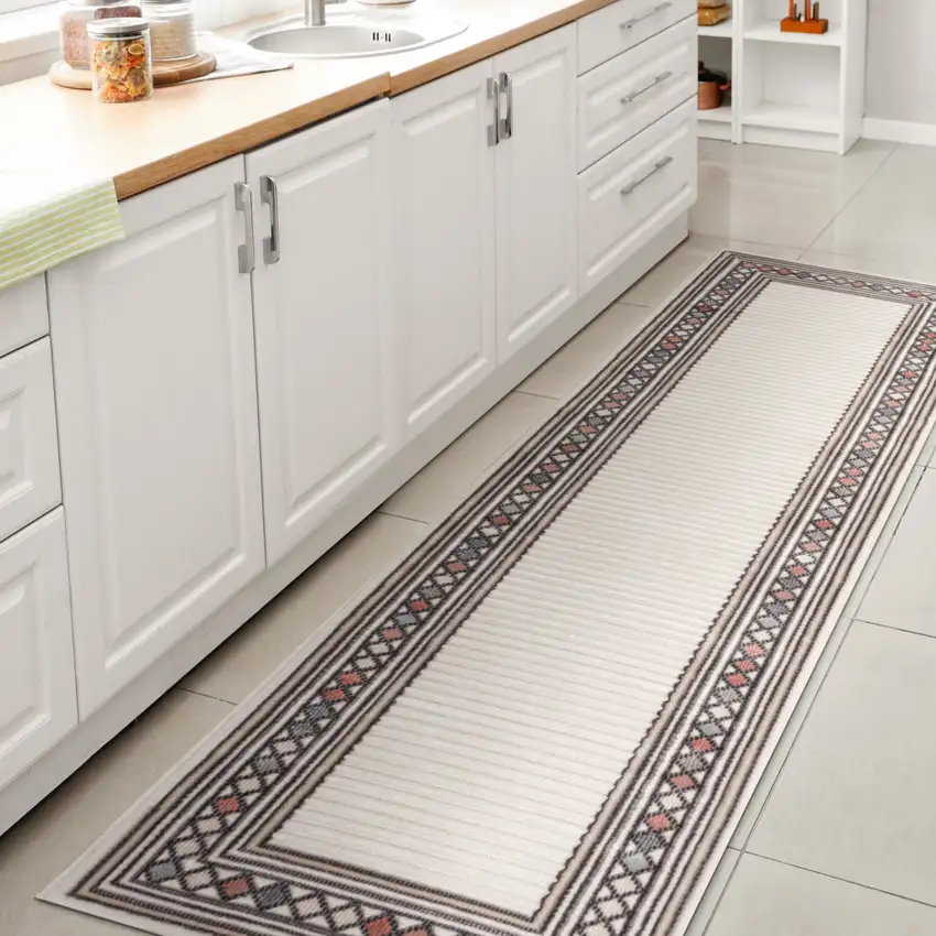 8' Ivory And Beige Geometric Indoor Outdoor Runner Rug Photo 5