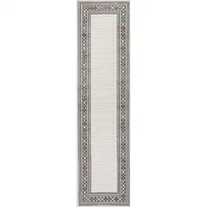 Photo of 8' Ivory And Beige Geometric Indoor Outdoor Runner Rug