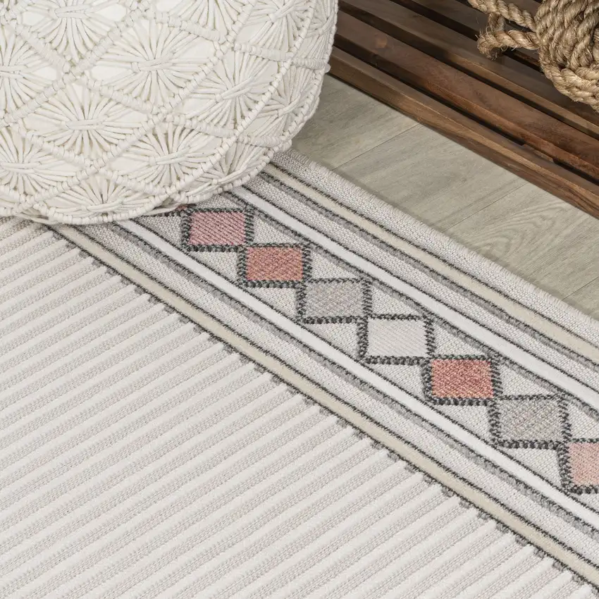 8' Ivory And Beige Geometric Indoor Outdoor Runner Rug Photo 7