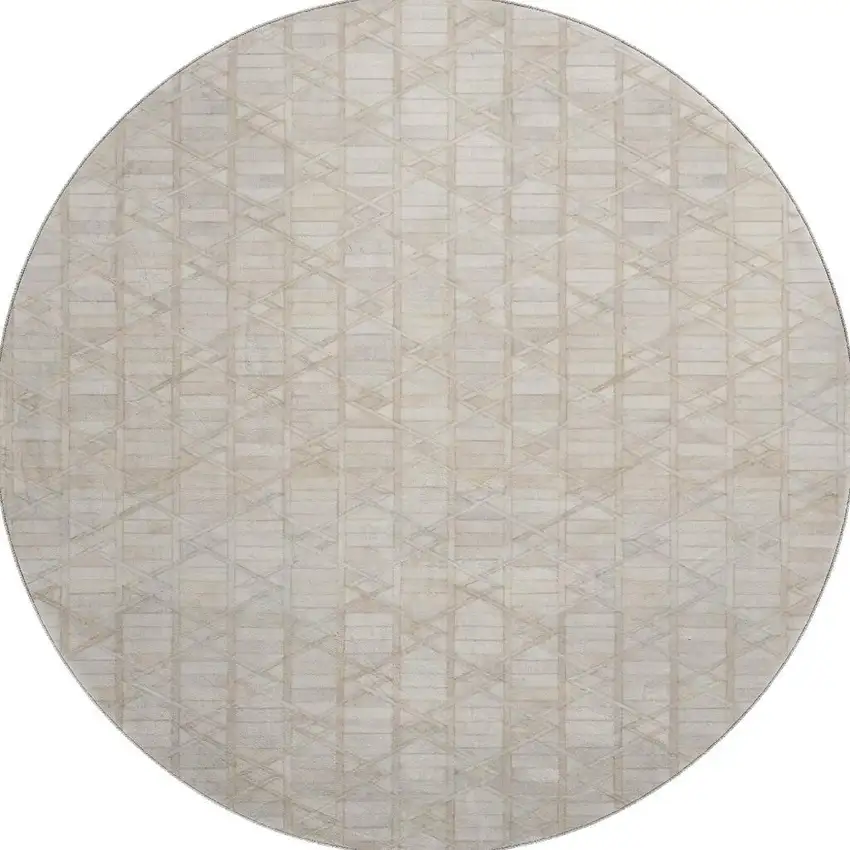 8' Ivory And Beige Geometric Washable Round Rug With UV Protection Photo 4