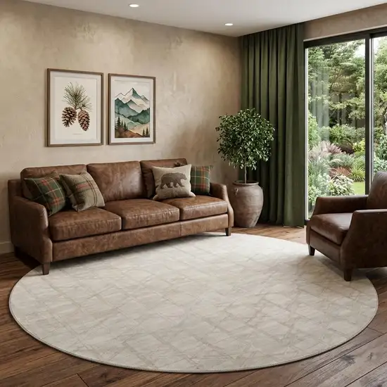 8' Ivory And Beige Geometric Washable Round Rug With UV Protection Photo 1
