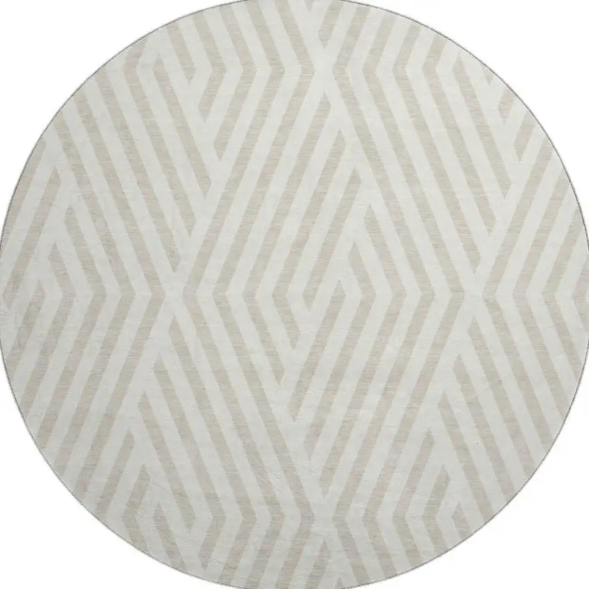 8' Ivory And Beige Geometric Washable Round Rug With UV Protection Photo 4