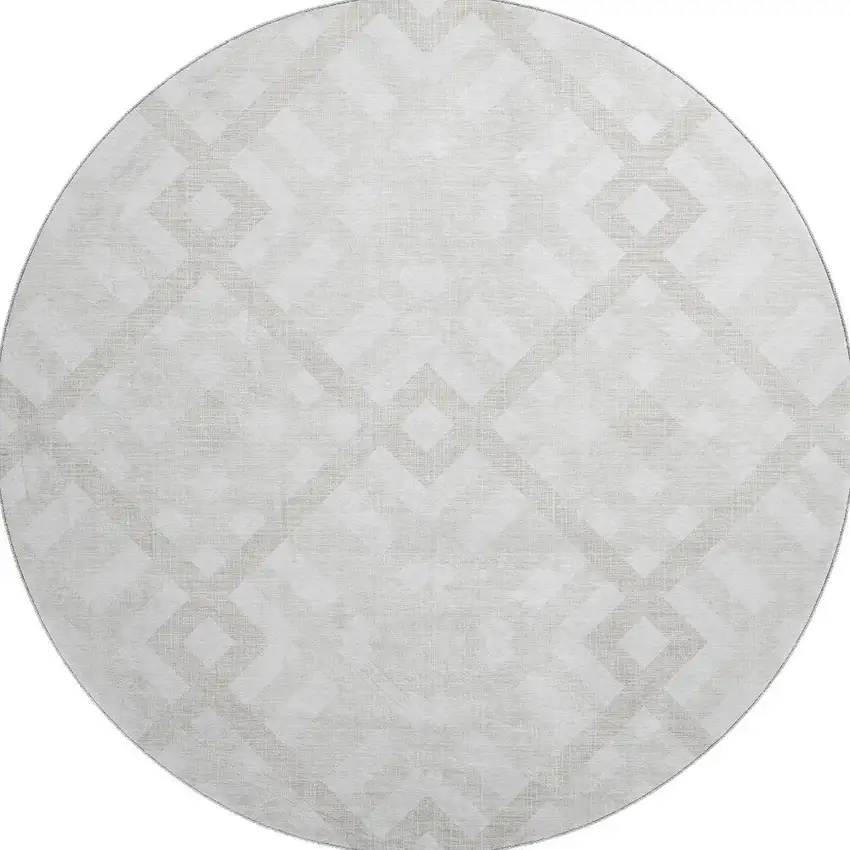8' Ivory And Beige Geometric Washable Round Rug With UV Protection Photo 3
