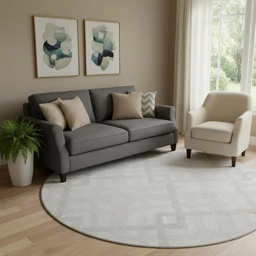 8' Ivory And Beige Geometric Washable Round Rug With UV Protection Photo 1