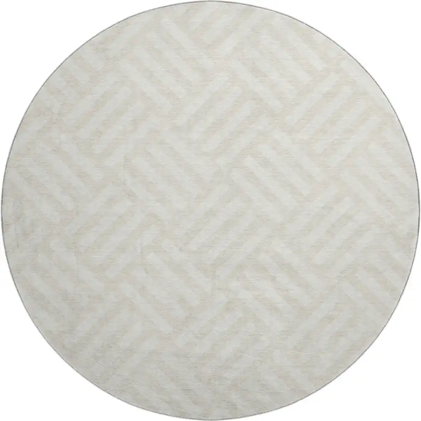 8' Ivory And Beige Geometric Washable Round Rug With UV Protection Photo 1
