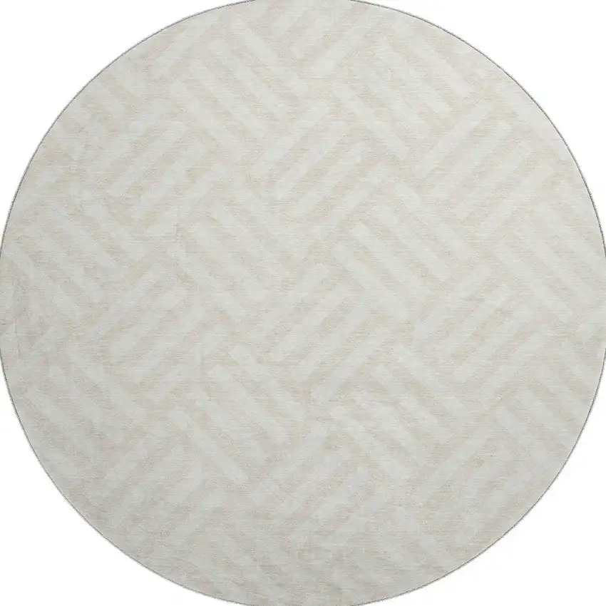 8' Ivory And Beige Geometric Washable Round Rug With UV Protection Photo 4