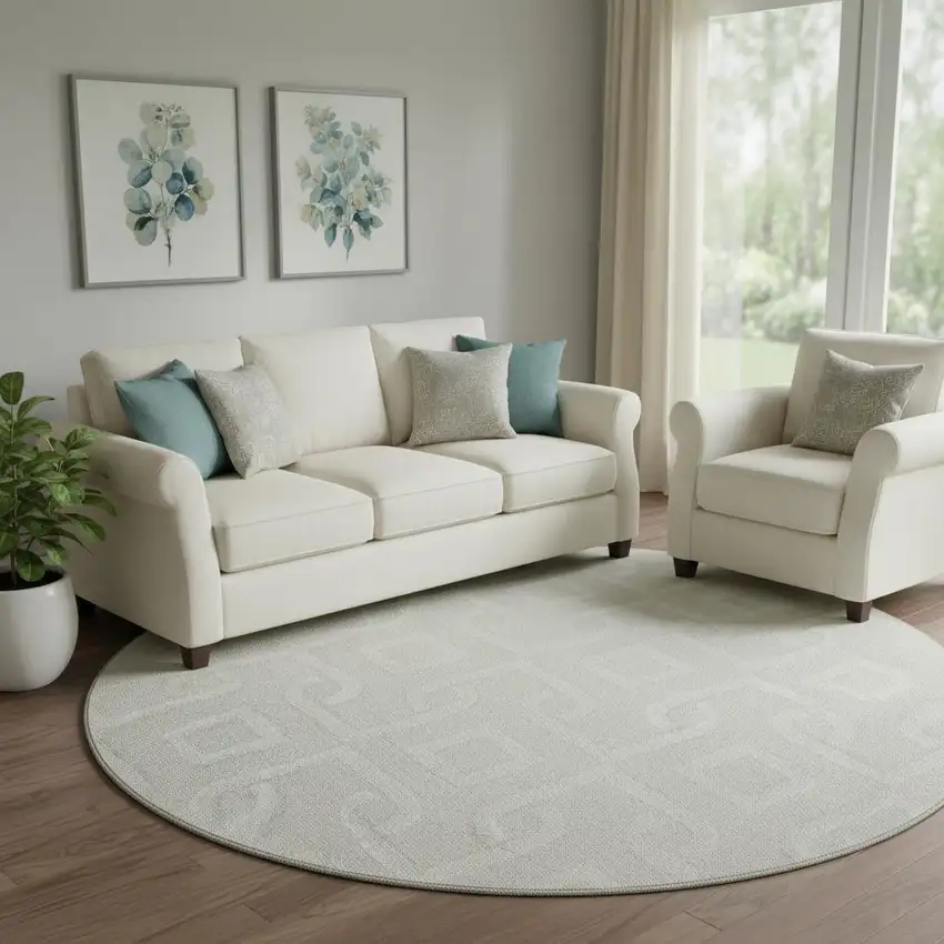 8' Ivory And Beige Geometric Washable Round Rug With UV Protection Photo 1