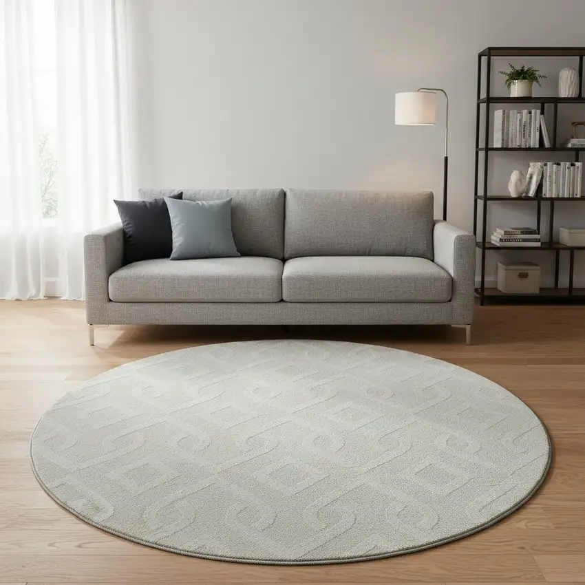 8' Ivory And Beige Geometric Washable Round Rug With UV Protection Photo 2