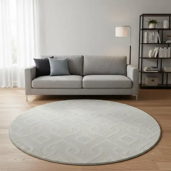 8' Ivory And Beige Geometric Washable Round Rug With UV Protection Photo 2